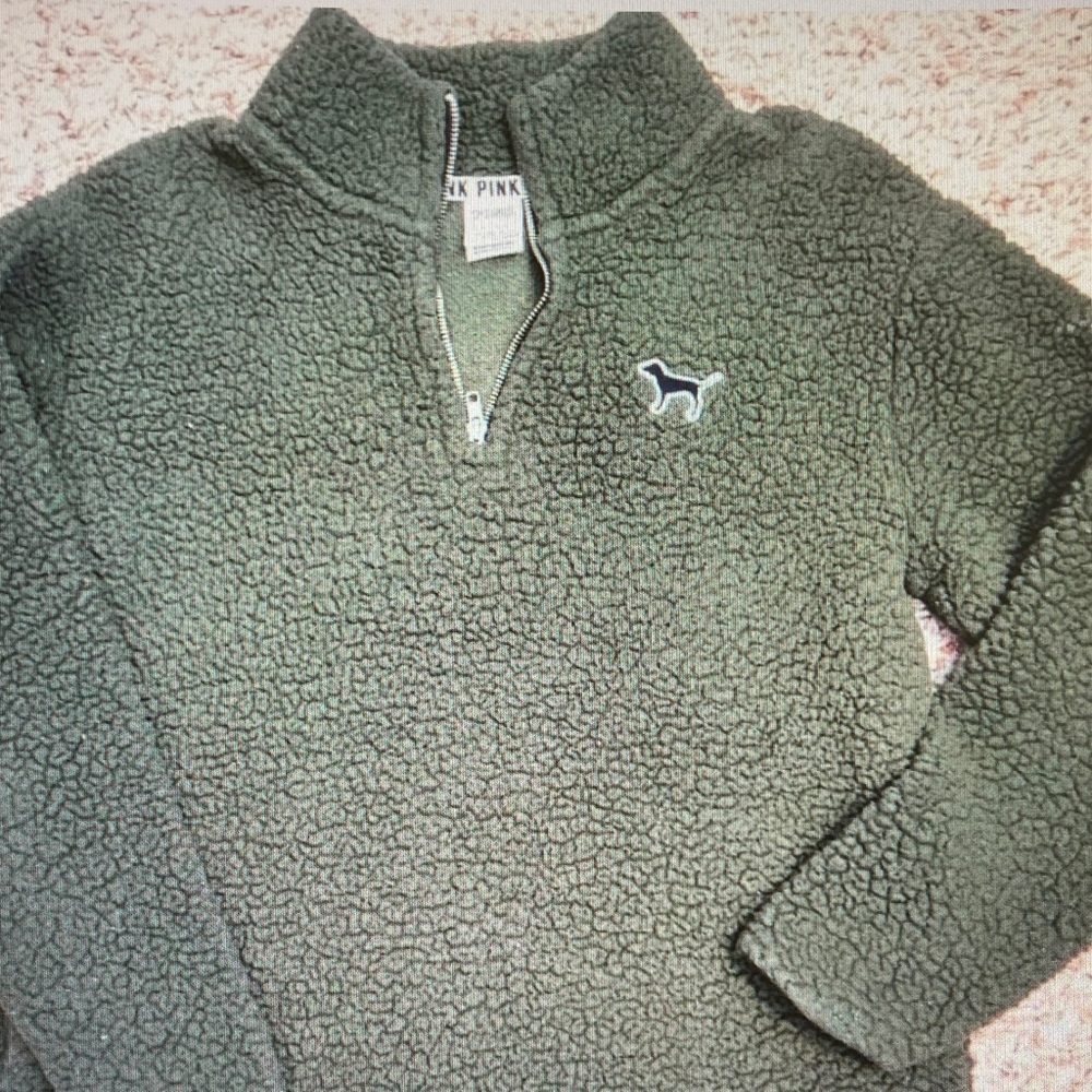 Victoria's Secret PINK Olive Green Sherpa Half-Zip Pullover